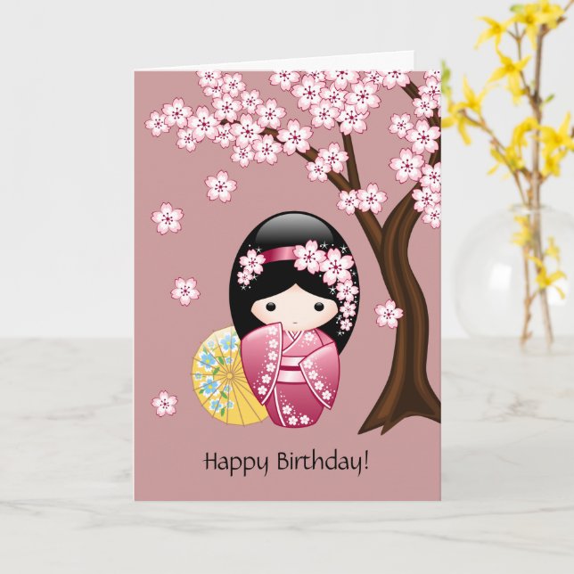 Spring Kokeshi Doll - Cute Geisha Birthday Card (Yellow Flower)