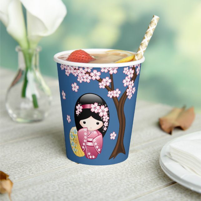 Spring Kokeshi Doll - Cute Geisha Girl on Blue Paper Cups (Insitu)