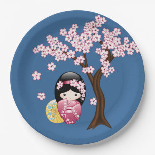 Spring Kokeshi Doll - Cute Geisha Girl on Blue Paper Plate