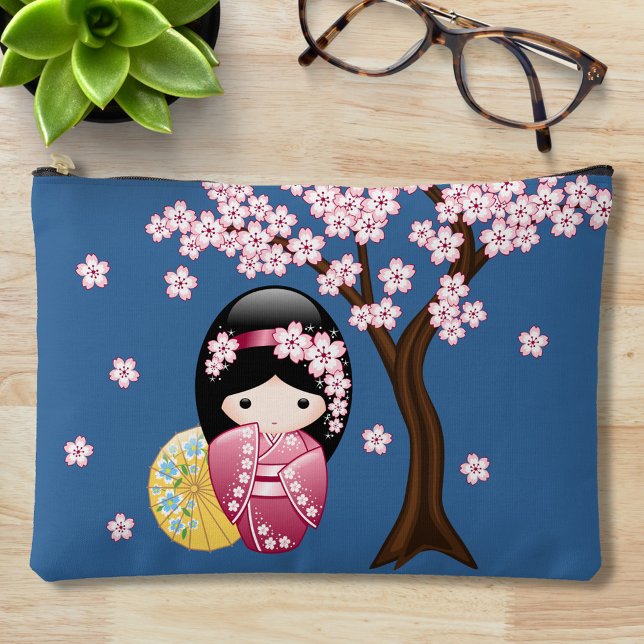 Spring Kokeshi Doll - Cute Japanese Geisha Blue Accessory Pouch (Creator Uploaded)