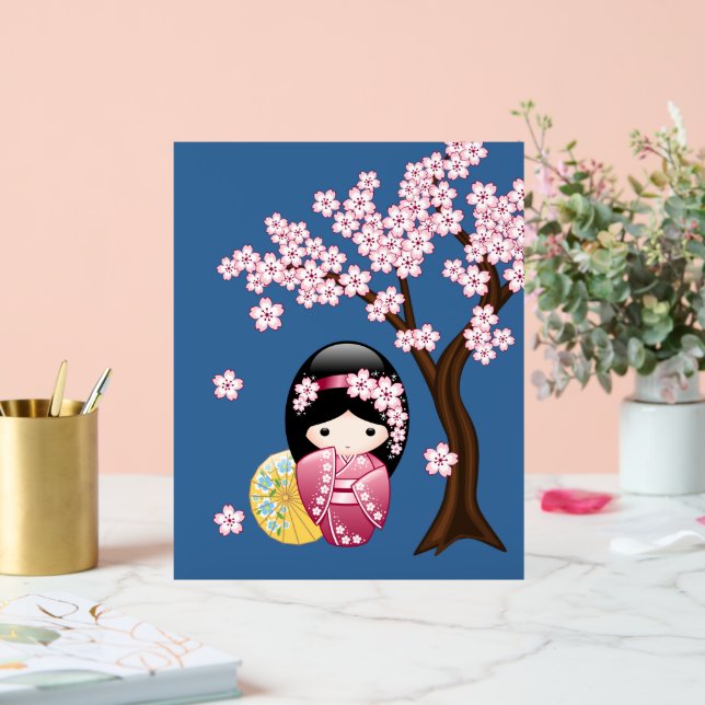 Spring Kokeshi Doll Cute Japanese Geisha Girl Blue Acrylic Sign (Wedding)