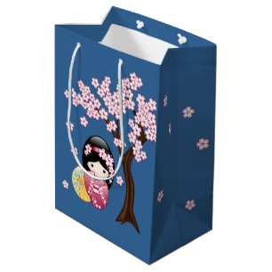 Spring Kokeshi Doll Cute Japanese Geisha Girl Blue Medium Gift Bag