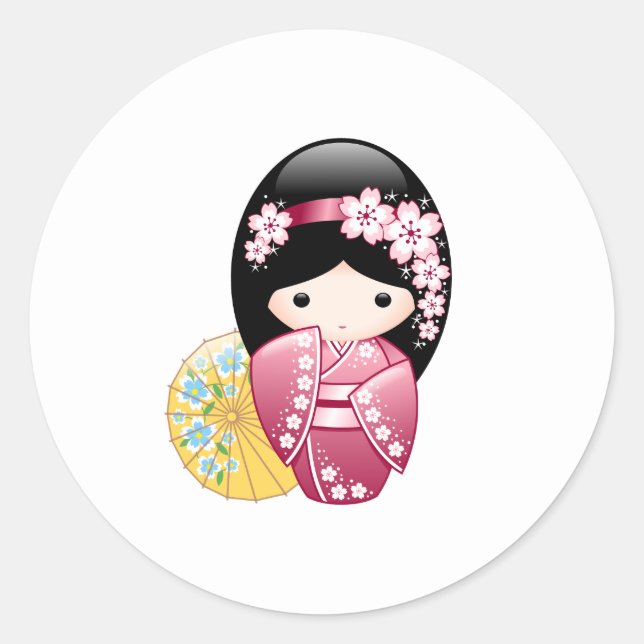 Spring Kokeshi Doll - Cute Japanese Geisha Girl Classic Round Sticker (Front)