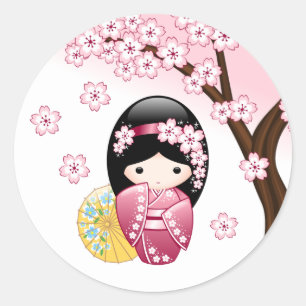 Spring Kokeshi Doll - Cute Japanese Geisha Girl Classic Round Sticker