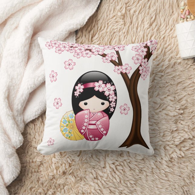 Spring Kokeshi Doll - Cute Japanese Geisha Girl Cushion (Blanket)