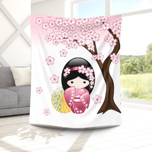 Spring Kokeshi Doll - Cute Japanese Geisha Girl Fleece Blanket