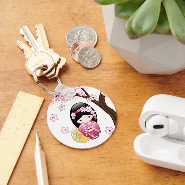 Spring Kokeshi Doll - Cute Japanese Geisha Girl Key Ring (Desk)