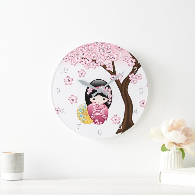Spring Kokeshi Doll - Cute Japanese Geisha Girl Large Clock (Home)