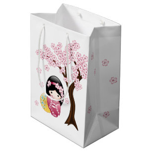 Spring Kokeshi Doll - Cute Japanese Geisha Girl Medium Gift Bag