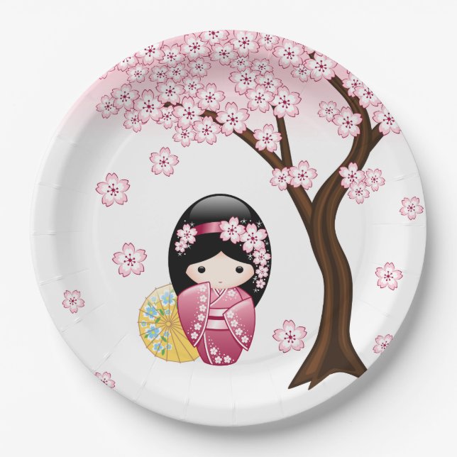 Spring Kokeshi Doll - Cute Japanese Geisha Girl Paper Plate (Front)