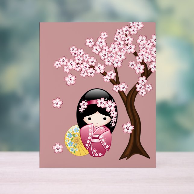 Spring Kokeshi Doll Cute Japanese Geisha Girl Pink Acrylic Sign (Neutral)