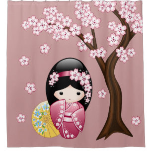 Spring Kokeshi Doll Cute Japanese Geisha Girl Pink Shower Curtain