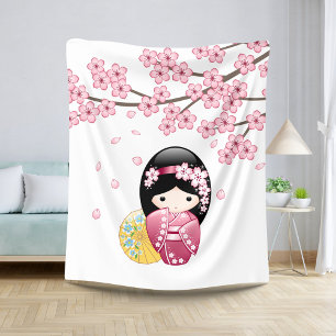 Spring Kokeshi Doll - Cute Japanese Geisha Girl Sherpa Blanket