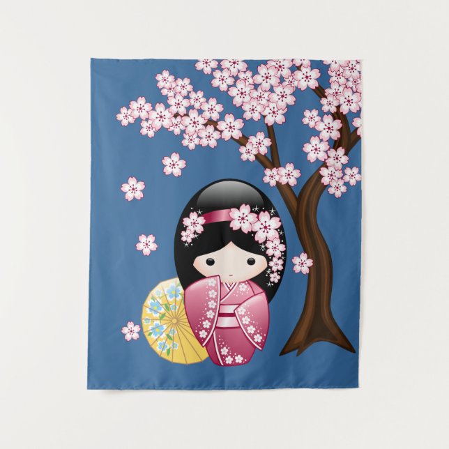 Spring Kokeshi Doll - Cute Japanese Geisha Girl Tapestry (Front)