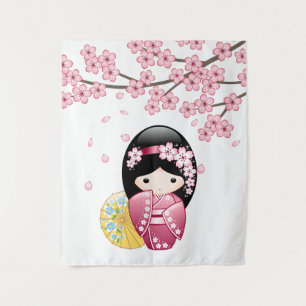 Spring Kokeshi Doll - Cute Japanese Geisha Girl Tapestry