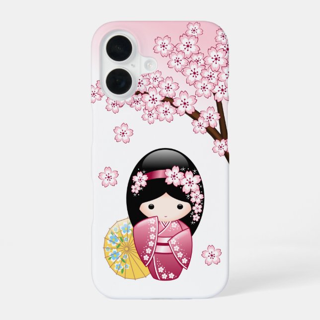 Spring Kokeshi Doll - Cute Japanese Geisha iPhone 16 Case (Back)