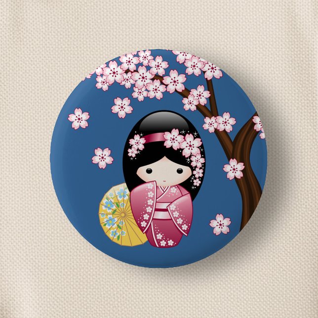 Spring Kokeshi Doll - Cute Japanese Geisha on Blue 6 Cm Round Badge (Creator Uploaded)