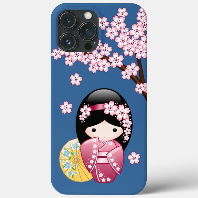 Spring Kokeshi Doll - Cute Japanese Geisha on Blue Case-Mate iPhone Case (Back)
