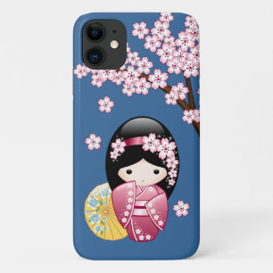 Spring Kokeshi Doll - Cute Japanese Geisha on Blue iPhone 11 Case