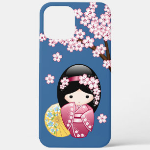 Spring Kokeshi Doll - Cute Japanese Geisha on Blue iPhone 12 Pro Max Case