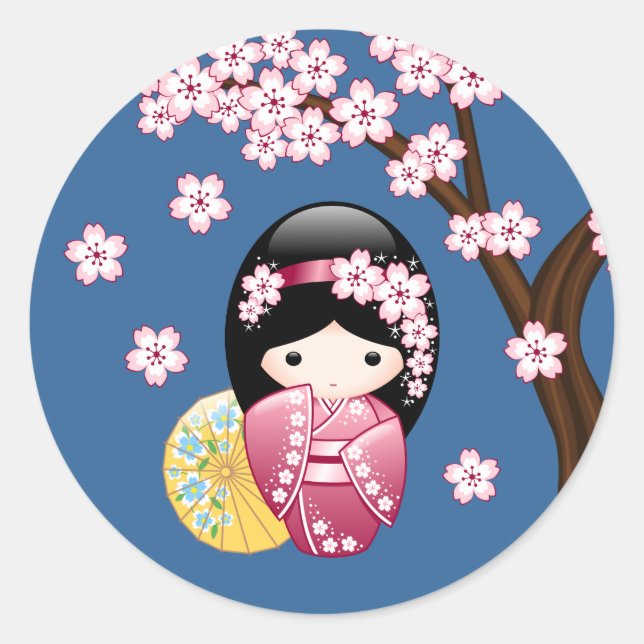Spring Kokeshi Doll - Cute Japanese Geisha on Blue Classic Round Sticker (Front)