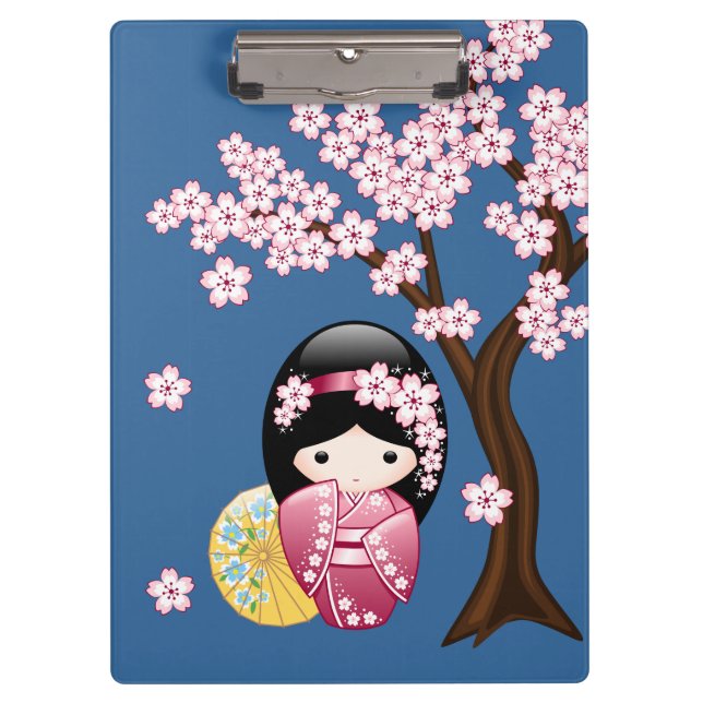Spring Kokeshi Doll - Cute Japanese Geisha on Blue Clipboard (Front)