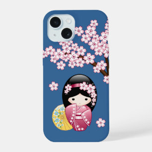 Spring Kokeshi Doll - Cute Japanese Geisha on Blue iPhone 15 Case
