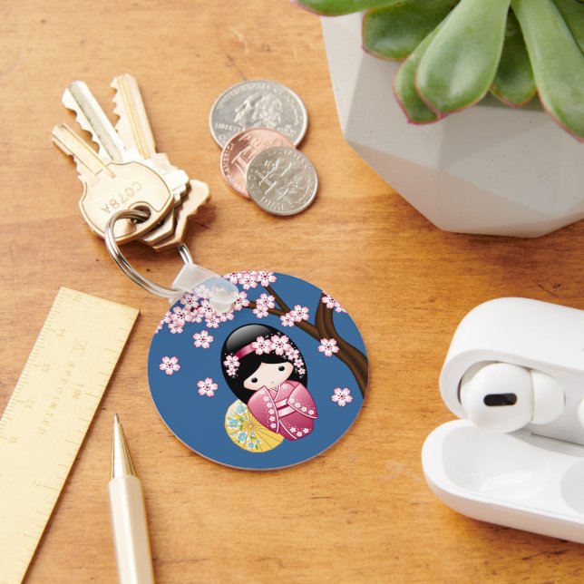 Spring Kokeshi Doll - Cute Japanese Geisha on Blue Key Ring (Desk)