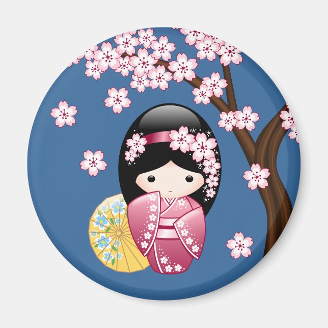 Spring Kokeshi Doll - Cute Japanese Geisha on Blue Magnet (Front)