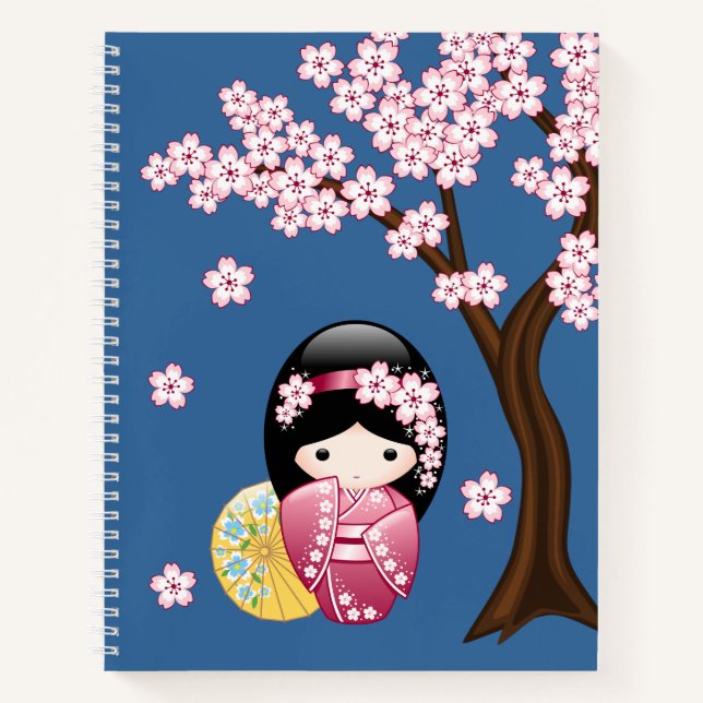 Spring Kokeshi Doll - Cute Japanese Geisha on Blue Notebook (Front)