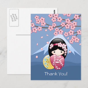 Spring Kokeshi Doll - Cute Japanese Geisha on Blue Postcard