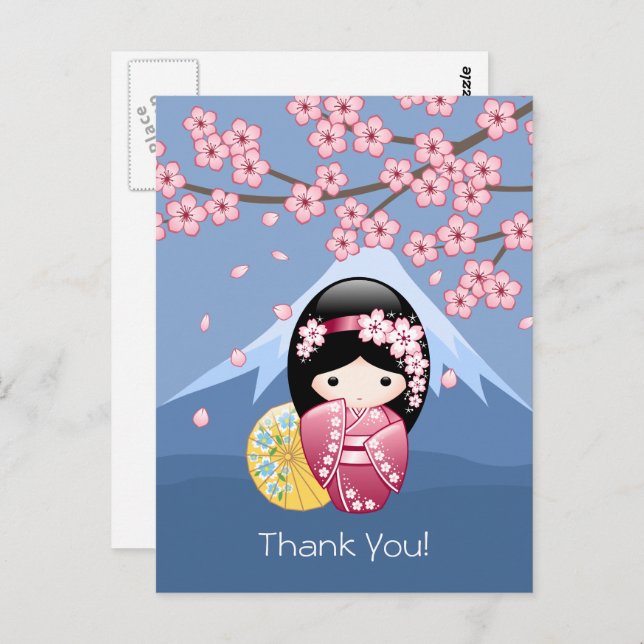 Spring Kokeshi Doll - Cute Japanese Geisha on Blue Postcard (Front/Back)