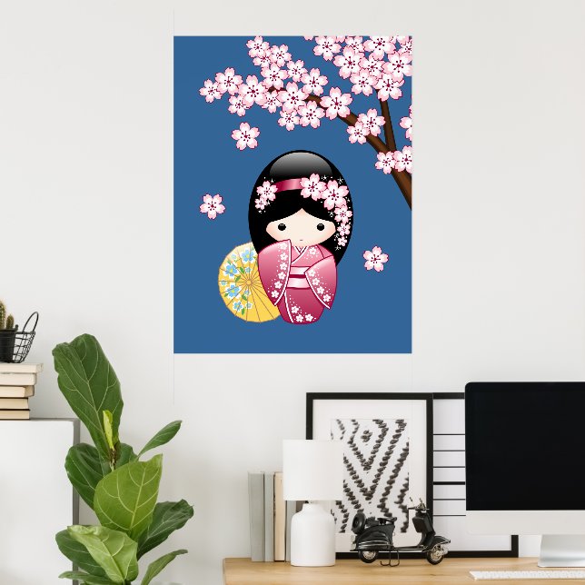 Spring Kokeshi Doll - Cute Japanese Geisha on Blue Poster (Home Office)