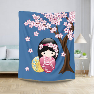 Spring Kokeshi Doll - Cute Japanese Geisha on Blue Sherpa Blanket