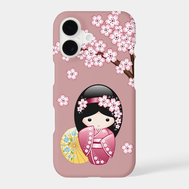 Spring Kokeshi Doll - Cute Japanese Geisha on Pink (Back)
