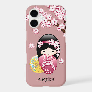 Spring Kokeshi Doll - Cute Japanese Geisha on Pink