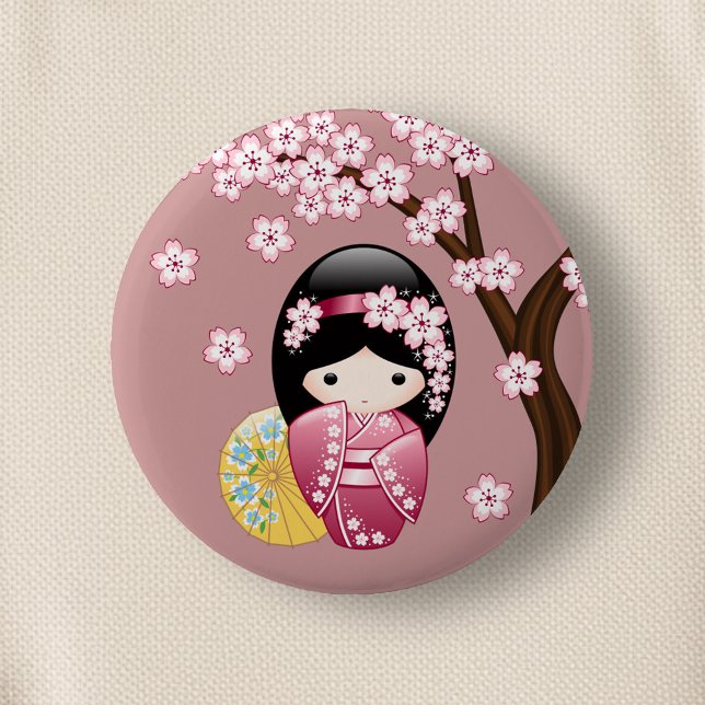 Spring Kokeshi Doll - Cute Japanese Geisha on Pink 6 Cm Round Badge (Creator Uploaded)