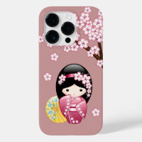 Spring Kokeshi Doll - Cute Japanese Geisha on Pink