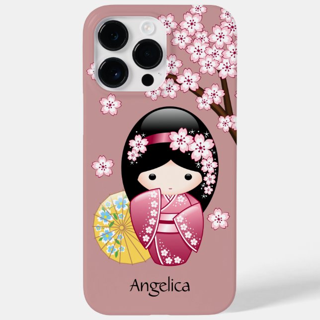 Spring Kokeshi Doll - Cute Japanese Geisha on Pink Case-Mate iPhone Case (Back)