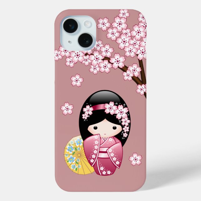 Spring Kokeshi Doll - Cute Japanese Geisha on Pink Case-Mate iPhone Case (Back)