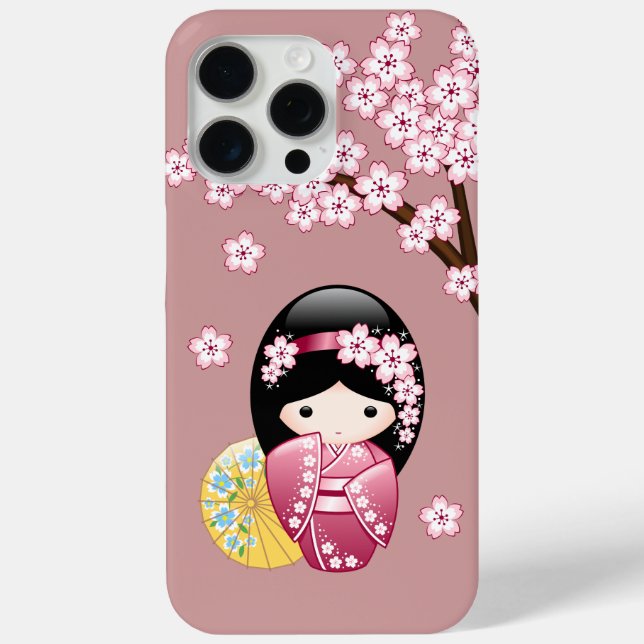 Spring Kokeshi Doll - Cute Japanese Geisha on Pink Case-Mate iPhone Case (Back)