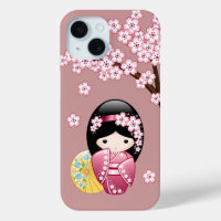 Spring Kokeshi Doll - Cute Japanese Geisha on Pink