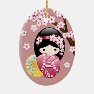 Spring Kokeshi Doll - Cute Japanese Geisha on Pink Ceramic Ornament