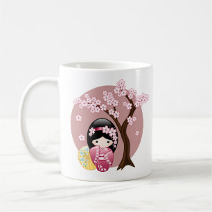 Spring Kokeshi Doll - Cute Japanese Geisha on Pink Coffee Mug