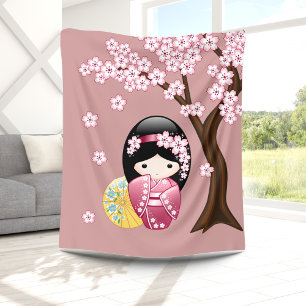 Spring Kokeshi Doll - Cute Japanese Geisha on Pink Fleece Blanket