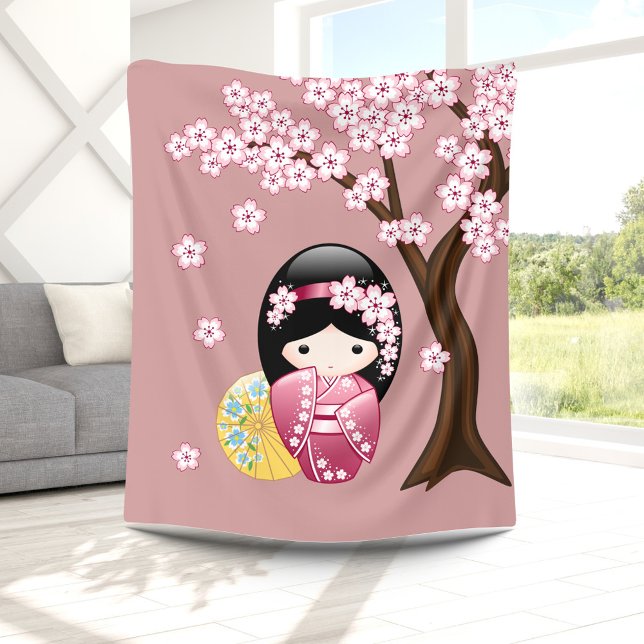 Spring Kokeshi Doll - Cute Japanese Geisha on Pink Fleece Blanket (Creator Uploaded)