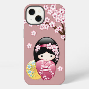 Spring Kokeshi Doll - Cute Japanese Geisha on Pink iPhone 13 Case