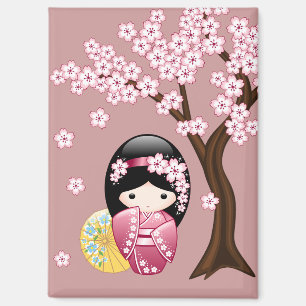 Spring Kokeshi Doll - Cute Japanese Geisha on Pink Magnet