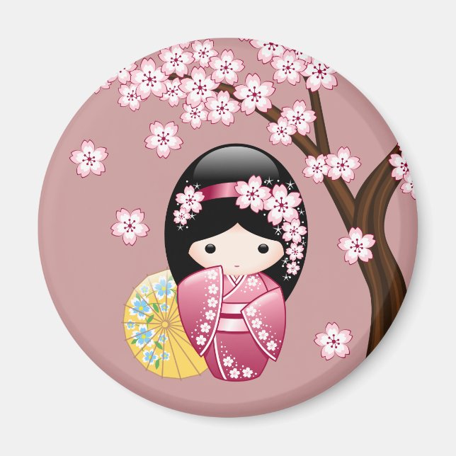 Spring Kokeshi Doll - Cute Japanese Geisha on Pink Magnet (Front)