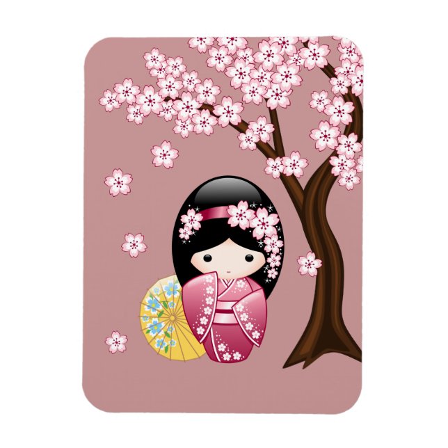 Spring Kokeshi Doll - Cute Japanese Geisha on Pink Magnet (Vertical)